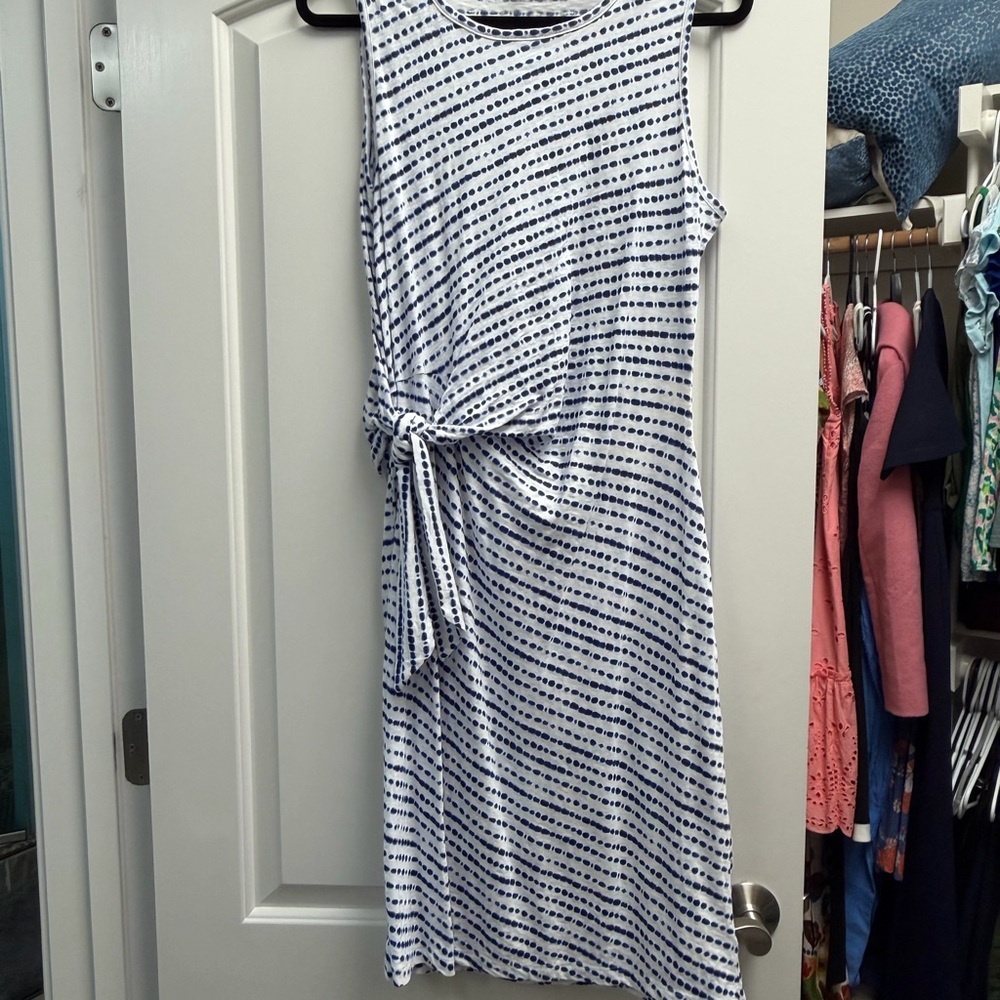 Talbots White & Navy Sleeveless Tie-Front Midi Dress